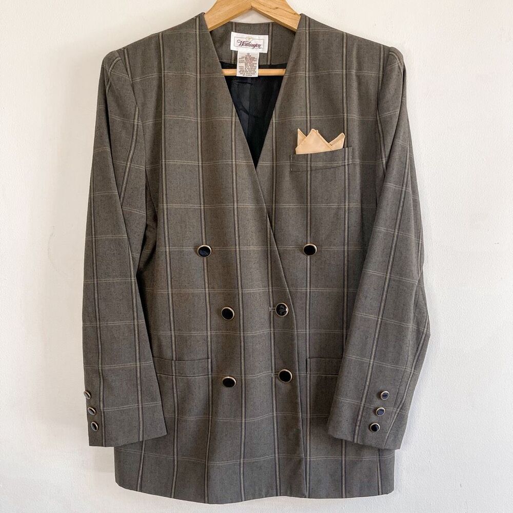 Vintage Gray Plaid Double Breasted Blazer Size 10